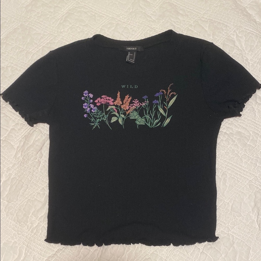 Black T-Shirt with Floral Embroidery